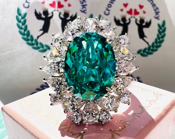20+ Carat Neon Green Diamond Simulant Halo Ring, Vintage Victorian Style Ring S925/ 14K/ 18K