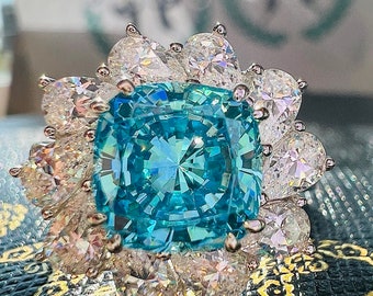 4 Carat Blue AQUAMARINE PROMISE Halo Engagement Ring 3 Stone Ring March Birthstone, Beautiful & Unique Cutting Ring S925/14k/18k Gold
