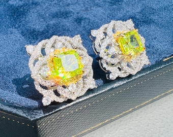 5 Carat/Ea Triple Halo Fancy Lemon Green Diamond Simulated Earring Stud, Brillance Cut Earrings Stud Best Gift For Her S925/14K/18K