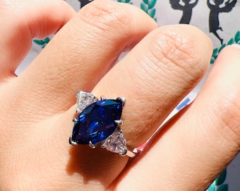 3 Carat Marquise Royal Blue Sapphire Engagement Ring Exquisite Jewelry Vintage/Party Queen Style ART DECO design Ring S925/14K/18K Gold