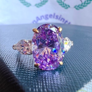 10 Carat Amethyst Ring Classic Three-Stone Oval Ring 10*14 mm Violet Amethyst Anniversary Statement Ring S925/ 14K /18K Gold