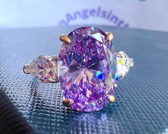 10 Carat Amethyst Ring Classic Three-Stone Oval Ring 10*14 mm Violet Amethyst Anniversary Statement Ring S925/ 14K /18K Gold