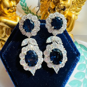 Fabulous Deep Royal Blue Sapphire Earring Exquisite Jewelry Vintage style ART DECO Design Earring 925 silver with 18KGP