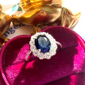 Royal Deep Blue Sapphire Halo Ring, Tanzanite Blue Halo Ring, DIANA Princess Royal Blue Sapphire Halo Deep Royal Blue Ring s925 w 18KGP