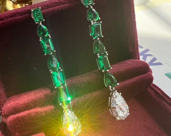 15ct Emerald Green Long Tassel Earring Fabulous Exquisite Jewelry Vintage style ART DECO design Earring 925 silver w 18KGP May Birthstone