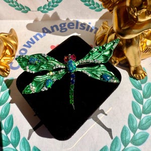 Handcrafted Artisan Nature Green Dragonfly with Opal Crystals Aluminum Oxide Brooch/ Pendant Collector’s Edition Piece