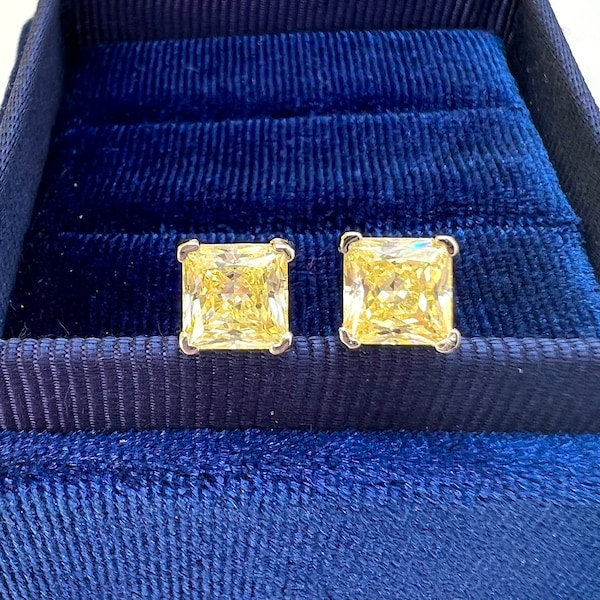 Dainty Canary Stud, Elegant Victorian Vivid Yellow Diamond Simulant 7x7mm Stud Earring High-end Design Fabulous Jewelry S925/14k/18k