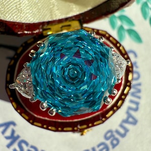 5 Carat Blue Rose Cut TOPAZ Promise Ring, Art Deco Style 3 Three Stone Anniversary Ring, December Birthstone S925/14K/18K