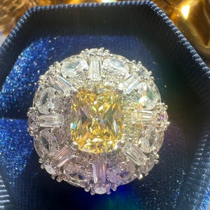 Canary Yellow Diamond Halo Ring, Exquisite Vintage ART DECO Floral Style, Wedding Statement Ring, Engagement Floral Beautiful & Unique S925