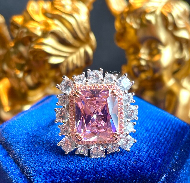 10ct Super Luxury PINK Diamond Halo Ring, Exquisite Vintage ART DECO Floral Style, Party Queen Ring, Engagement Floral Beautiful Unique S925