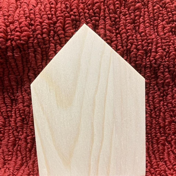 wood house, 5" tall, 3 3/4" wide, 3/4" thick