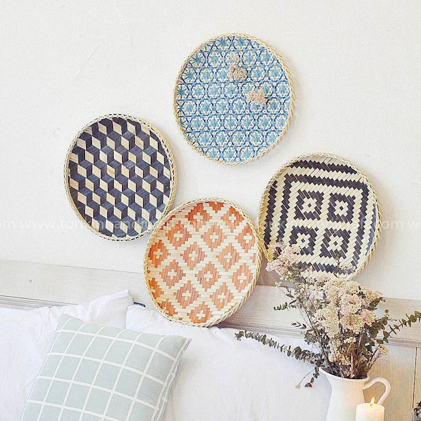 Set of 4 Basket Wall Home Decor Rattan Serving Trays Wall decoration, Wall hanging Decoration, Housewarming Gift, Round Big Fruit Plate