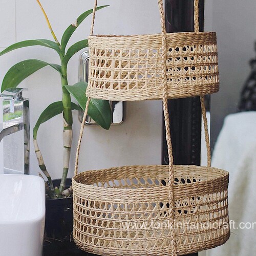 3 woven raffia decorative hanging pot holders with fruit 3 woven raffia decorative hanging pot holders with fruit