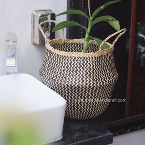 Seagrass belly basket,  zic zac natural weave baskets, Handicraft Vietnam, Vintage Storage Basket woven basket natural Decor wicker basket