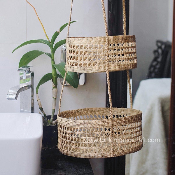 Seagrass Hanging fruit 3-tiers basket, planter, container, natural weave basket, Storage woven weaving basket in kitchen Decor Holder