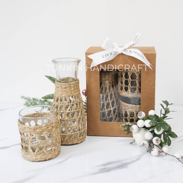 Set 3 Seagrass Highball Glasses, Woven Seagrass Wrapped Glassware, Braided Weaving Seagrass Holder Drinkware Dinnerware Housewarming gift