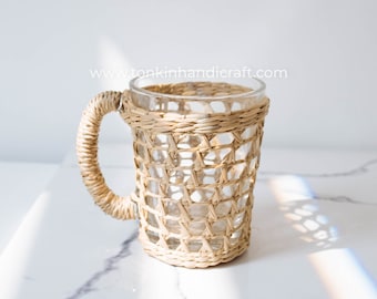 Set of 2 Seagrass Tumbler, Woven Seagrass Wrapped Glassware, Braided Weaving Seagrass Holder Seagrass Drinkware Dinnerware Housewarming gift
