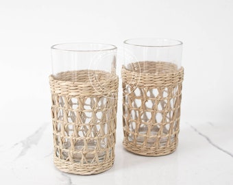Seagrass Highball Glasses, Woven Seagrass Wrapped Glassware, Braided Weaving Seagrass Holder Drinkware Dinnerware Housewarming gift