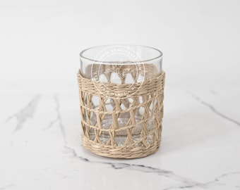 Seagrass Glassware,Wrapped Drink Tumbler, Woven Seagrass Wrapped Glassware, Seagrass cup holder  Drinkware Housewarming gift