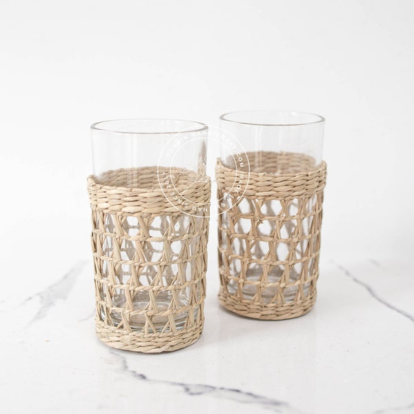 Set 2 Seagrass Highball Glasses, Woven Seagrass Wrapped Glassware, Braided Weaving Seagrass Holder Drinkware Dinnerware Housewarming gift