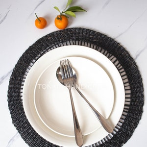 Set of 6 Black Seagrass Placemats Round Wicker Placemat, Woven Table Pads, Table Decor Pads,Vintage Table Placemats,Natural Mat Tablewares