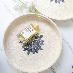 Mother of pearl Tray with handle, Mother of pearl Round Tray, Platters Plate Breakfast, Drinks, Snack for Coffee Table, Housewarming Gift
