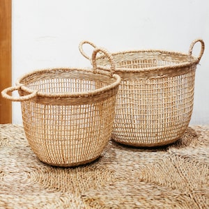 Set of 2 floppy Seagrass Baskets, natural weave basket Handicraft Vietnam Storage, Basket woven basket Decor Storage Basket HolderContainer