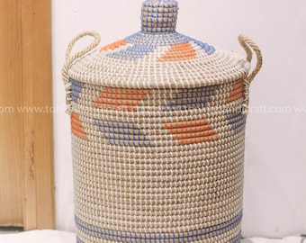 Lidded Laundry Basket Hamper, Lidded Seagrass Basket with handle,Clothes Hamper Storage Basket woven Decor Storage Basket Holder Container