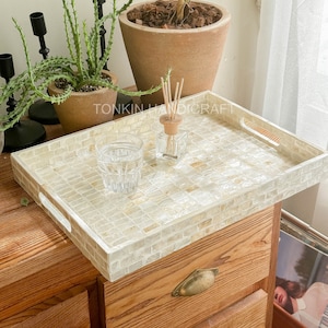 Mother of pearl Tray with handle, Mother of pearl Rectangle Tray, Platters Plate Breakfast,Drinks, Snack for Coffee Table, Housewarming Gift