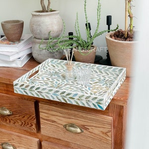 Mother of pearl Tray with handle, Mother of pearl Rectangle Tray, Platters Plate for Breakfast, Drinks, Snack for Coffee Table, House Gift