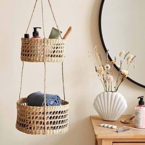 Hanging fruit 2-tiers basket, planter, container, natural weave basket, Seagrass Storage woven weaving basket in kitchen Decor Holder