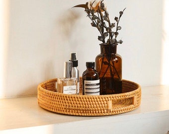 Rattan bamboo Handwoven Round High Wall Severing Tray Food Storage Platters Plate with Handles for Breakfast, Drinks, Snack for Coffee Table