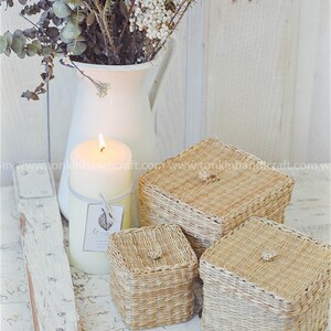 Set of 3 Braided Handwoven Natural Oval/Square Holder basket with lid,natural weave wicker seagrass container,Vintage Jar Bathroom/ Kitchen image 4