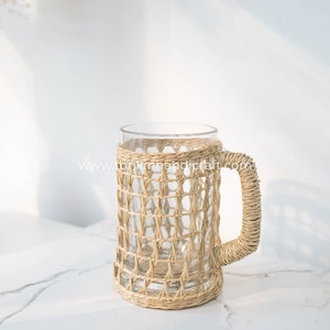 Glass Carafe, Seagrass-Wrapped Pitcher, Small Milk Jug, Handmade Pitcher Woven Seagrass Wrapped Glassware Housewarming gift