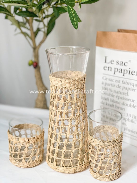 Set 2 Seagrass Highball Glasses, Woven Seagrass Wrapped Glassware, Braided  Weaving Seagrass Holder Drinkware Dinnerware Housewarming Gift 