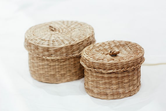 Basket Rattan Folding Wicker Handle Round Natural Sea Grass Plant Storage Wood-C