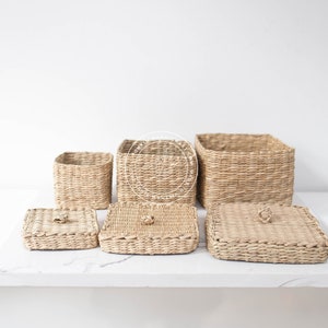 Set of 3 Braided Handwoven Natural Oval/Square Holder basket with lid,natural weave wicker seagrass container,Vintage Jar Bathroom/ Kitchen image 2