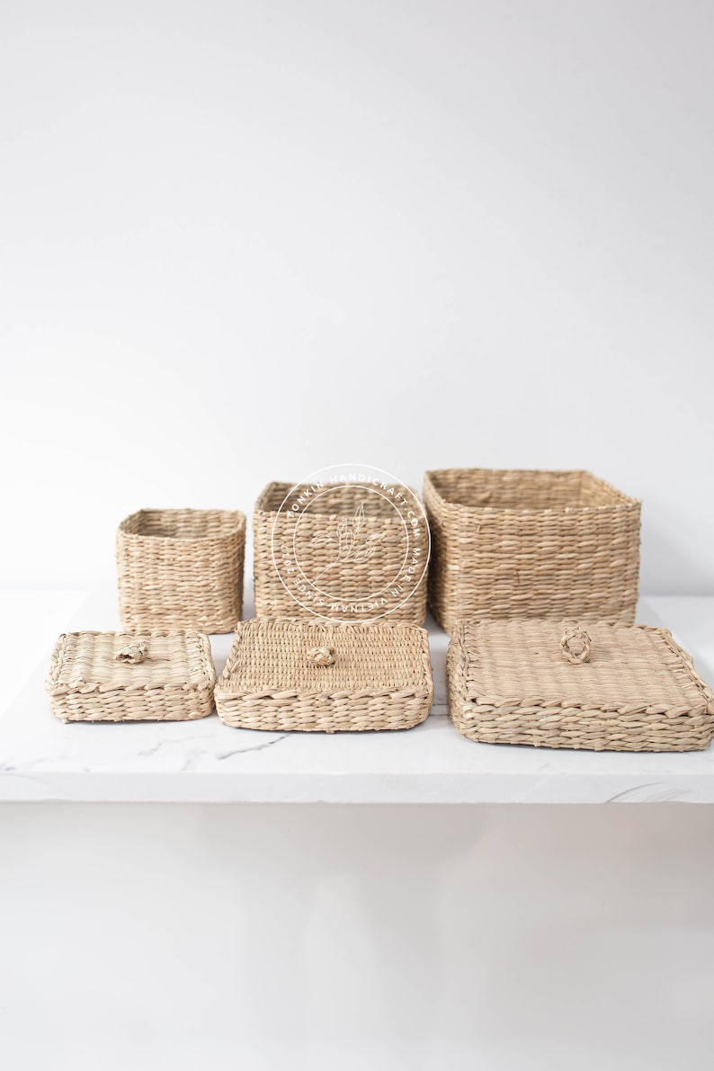 Set of 3 Braided Handwoven Natural Oval/Square Holder basket with lid,natural weave wicker seagrass container,Vintage Jar Bathroom/ Kitchen image 2