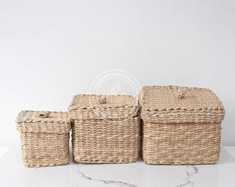 Set of 3 Braided Handwoven Natural Oval/Square Holder basket with lid,natural weave wicker seagrass container,Vintage Jar Bathroom/ Kitchen