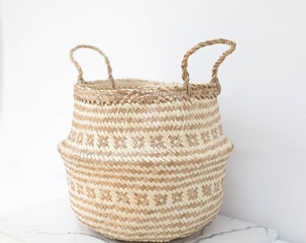 Floral Seagrass handmade basket, natural weave basket, Straw Storage woven natural Decor Storage, Folding Rattan Plants Pots Laundry storage