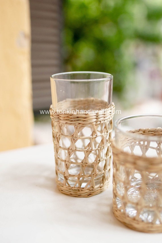 Set 2 Seagrass Highball Glasses, Woven Seagrass Wrapped Glassware, Braided  Weaving Seagrass Holder Drinkware Dinnerware Housewarming Gift 