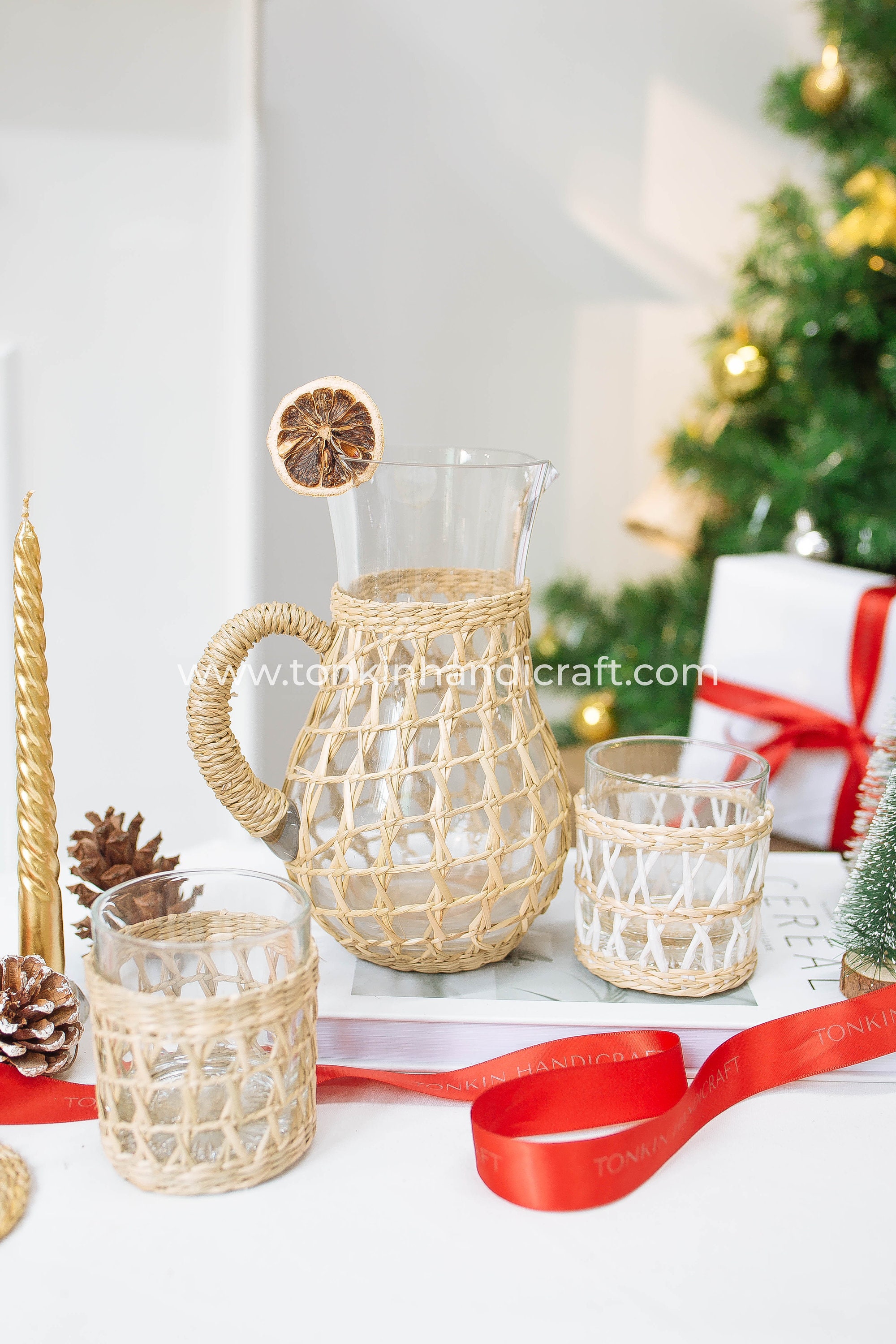 Hand blow Glass Pitcher, Seagrass-Wrapped Pitcher, Small Milk Jug, Handmade Pitcher Woven Seagrass Wrapped Glassware Housewarming gift