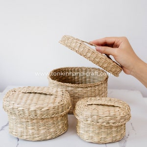 Set of 3 Braided Handwoven Natural Oval/Square Holder basket with lid,natural weave wicker seagrass container,Vintage Jar Bathroom/ Kitchen image 6