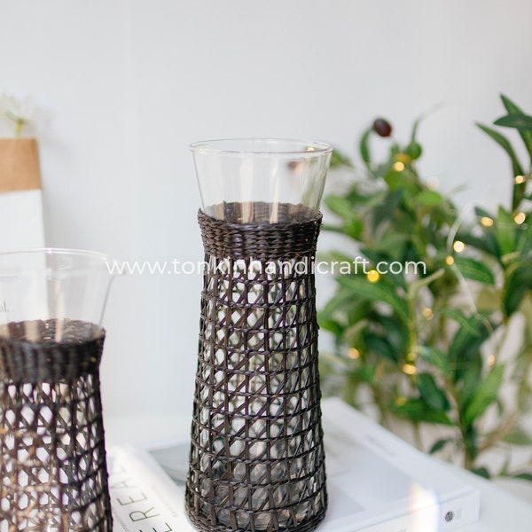 Black Woven Bistro Carafe, Seagrass-Wrapped Pitcher, Small Milk Jug, Handmade Pitcher Woven Seagrass Wrapped Glassware Housewarming gift