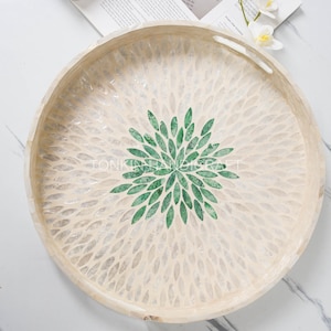 Mother of pearl Tray with handle, Mother of pearl Round Tray, Platters Plate Breakfast, Drinks, Snack for Coffee Table, Housewarming Gift