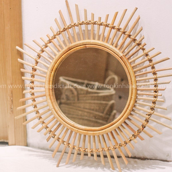 Light Brown Sunshine Rattan/bamboo Round Mirror, handmade, Vintage natural Decor, Round Mirror Home Decoration Equipment Wall Hanging Mirror