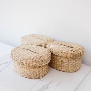 Set of 3 Braided Handwoven Natural Oval/Square Holder basket with lid,natural weave wicker seagrass container,Vintage Jar Bathroom/ Kitchen image 5