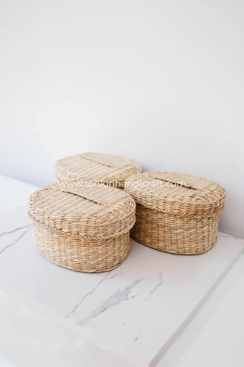 Set of 3 Braided Handwoven Natural Oval/Square Holder basket with lid,natural weave wicker seagrass container,Vintage Jar Bathroom/ Kitchen image 5