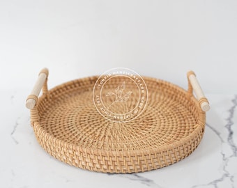 Set of 2 Handmade Rattan Round Fruit Basket with Wooden Handle, Serving Tray, Bread Platter for Serving Dinner Parties Coffee Breakfast