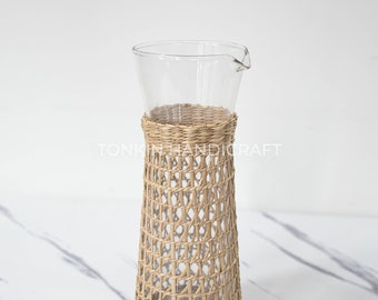 Bistro Carafe, Seagrass-Wrapped Pitcher, Small Milk Jug, Handmade Pitcher Woven Seagrass Wrapped Glassware Housewarming gift